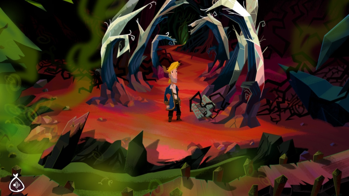 un homme aux cheveux blonds se tient sur une île avec un sol rouge sang et des arbres qui ressemblent à des os géants se cambrant au-dessus de sa tête
