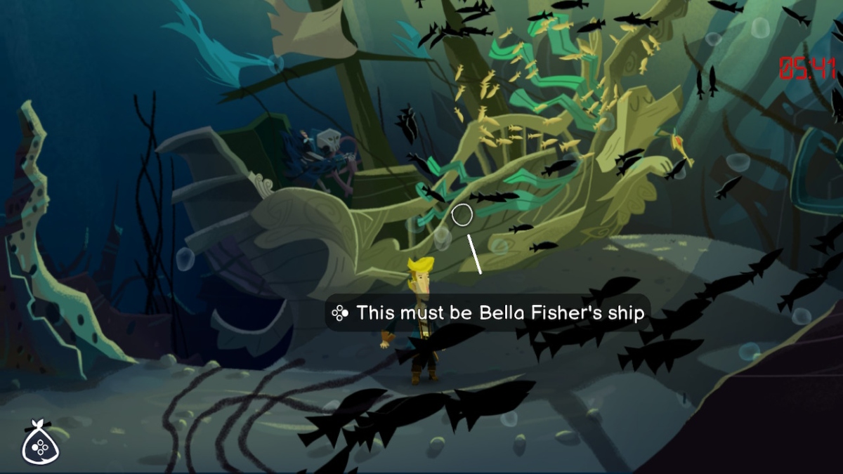 un grand bateau pirate coulé.  guybrush se tient devant avec le texte "ça doit être le bateau de Bella Fisher" tout près d'ici.  un squelette se tient à la barre du navire et des algues ont poussé à travers des parties brisées de la coque
