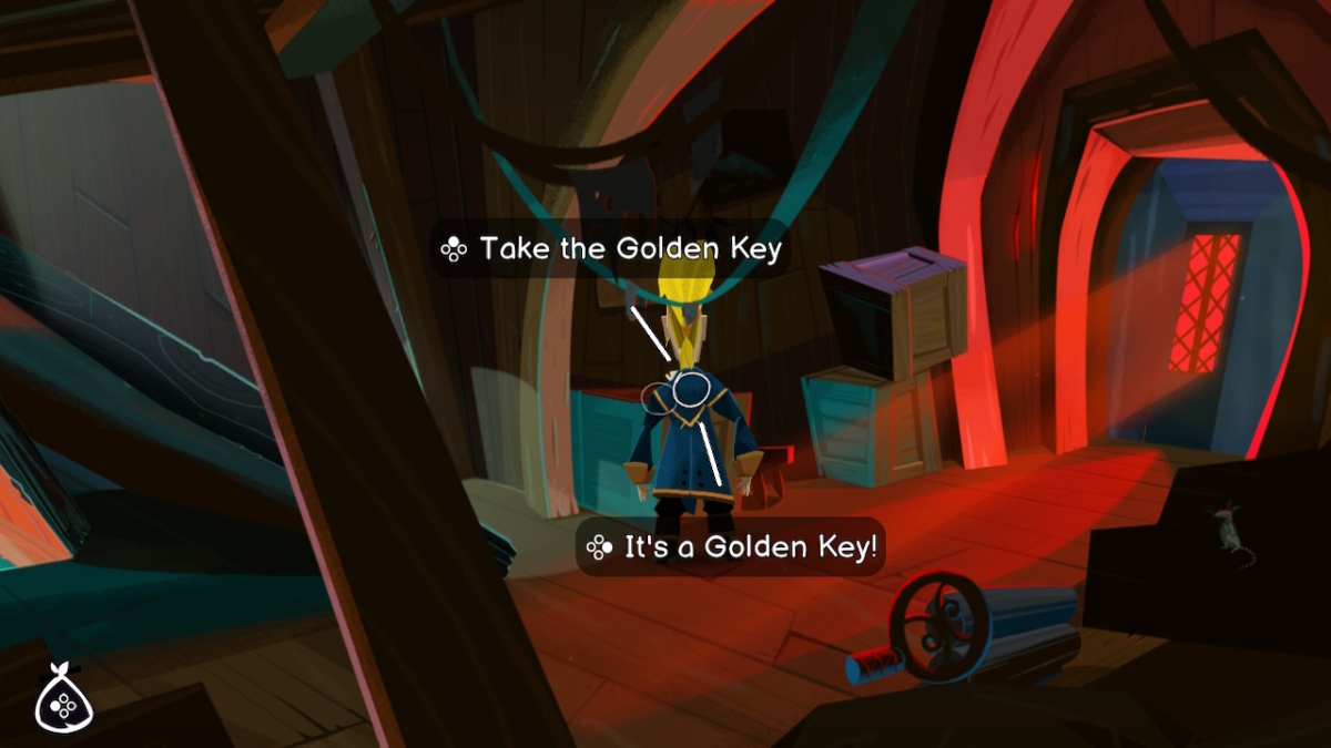 le pont inférieur d'un bateau pirate.  guybrush est debout devant une caisse avec le texte "prendre la clé d'or" les frais généraux et le texte "c'est une clé en or !" dessous