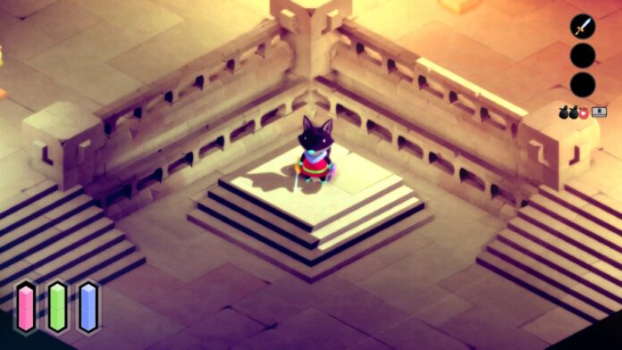 a small fox with dark purple fur, a pink tunic, and a light blue nose stands on a pedestal in a room made of sand colored stone. 