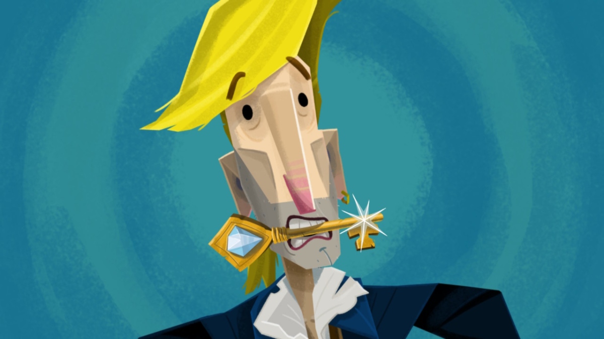 un homme aux cheveux blonds vêtu d'un manteau de pirate bleu serre une clé d'or entre ses dents