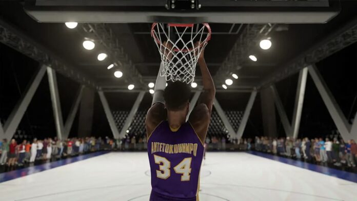 nba 2k23 screenshot of Giannis in lakers uniform in my team