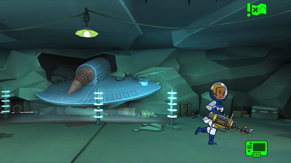 Un homme en combinaison spatiale avec un pistolet à rayons fuyant un petit robot comme un personnage