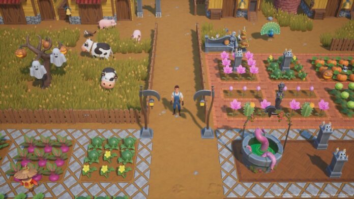 A farmer stands in a Halloween-themed farm