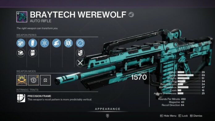 Destiny 2 Braytech Werewolf god roll - Braytech Werewolf weapon in inventory. 