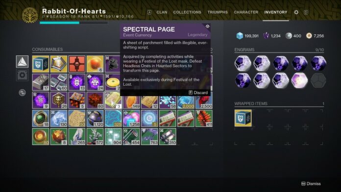 Destiny 2 difference between Spectral Pages and Manifested Pages - Spectral Page in inventory. 