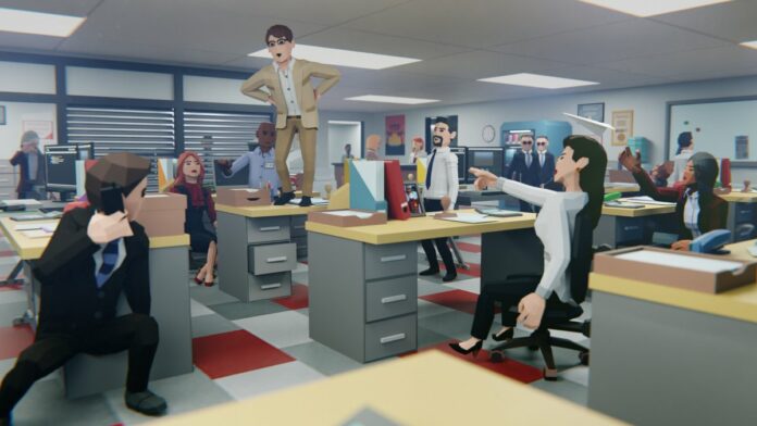 An office of people with a man dancing on his desk