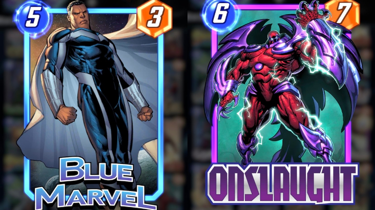 une carte à collectionner de Blue Marvel, un homme noir en costume bleu avec une cape blanche fluide.  sur la droite se trouve une carte à collectionner d'Onslaught, une grande figure musclée en spandex rouge moulant avec des gantelets violets, des chagrins et un casque rouge métallique