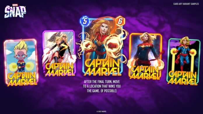 Captain Marvel cards in showcase in Marvel Snap