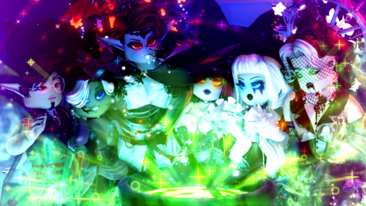 Plusieurs personnages sur le thème d'Halloween entourent un chaudron.