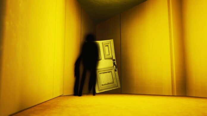 A shadow waits near a door.