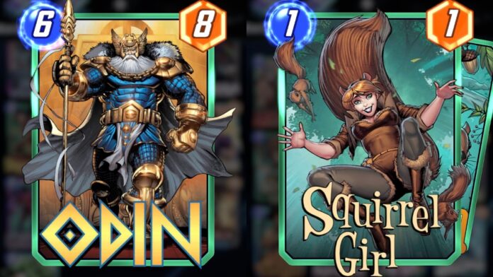 an image of Odin in blue and gold armor with a golden spear on the left; an image of Squirrel Girl in a brown costume with shorts and a bushy tail on the right