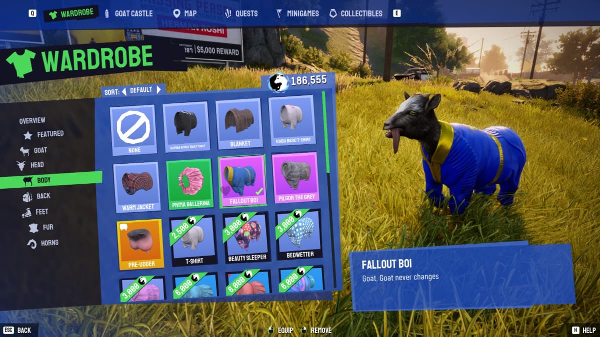 Chèvre portant la tenue Fallout Boi