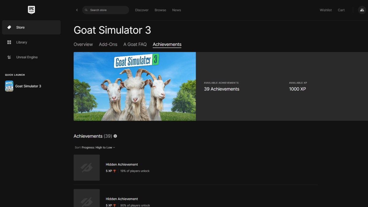Page des réalisations des jeux épiques Goat Simulator 3