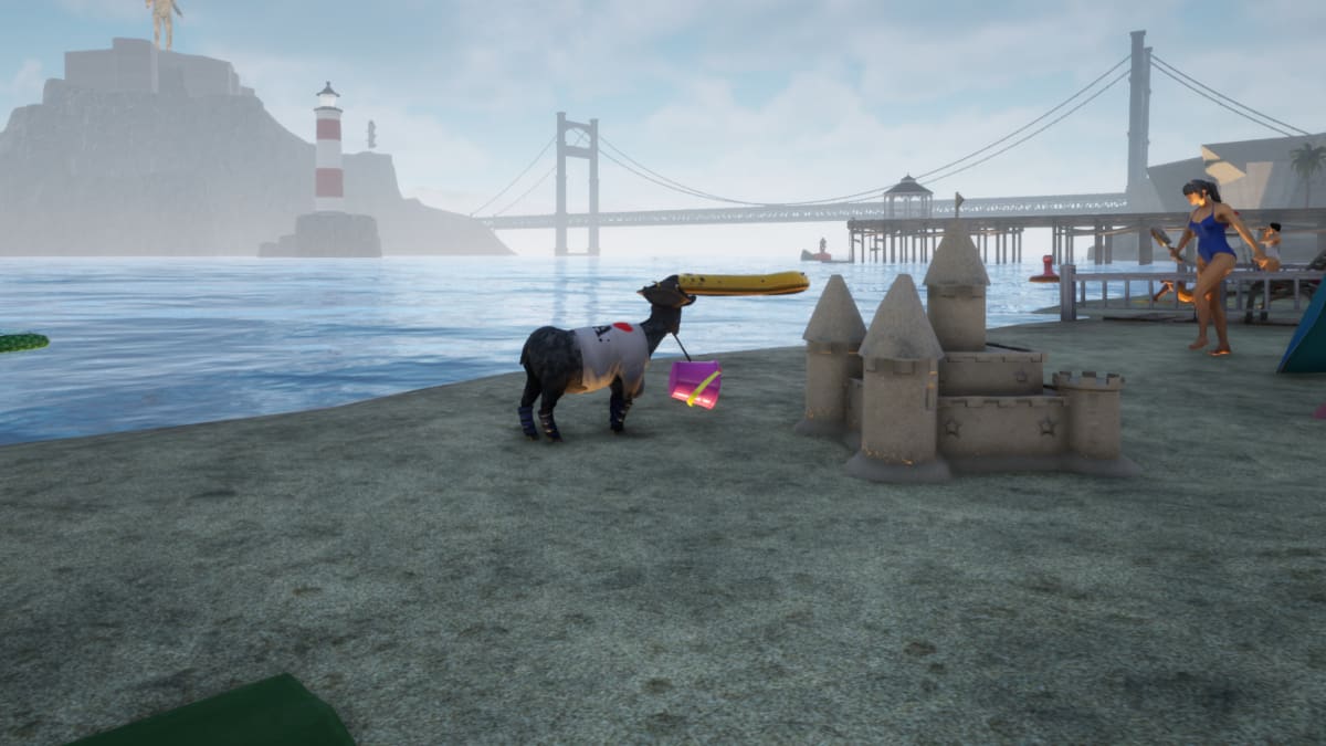 Chèvre avec un seau violet sur la plage