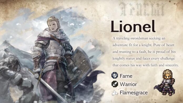 Lionel character screen from Octopath Traveler Champions of the Continent