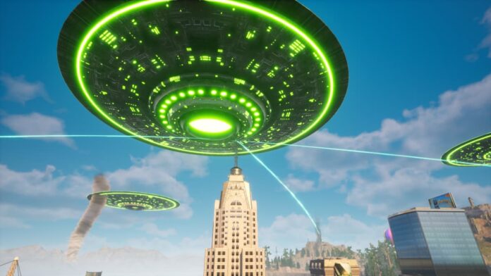 Three UFOs in the sky in Goat Simulator 3