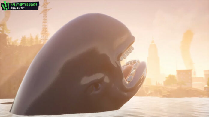 A whale soaring from the sea in Belly of the Beast event in Goat Simulator 3 