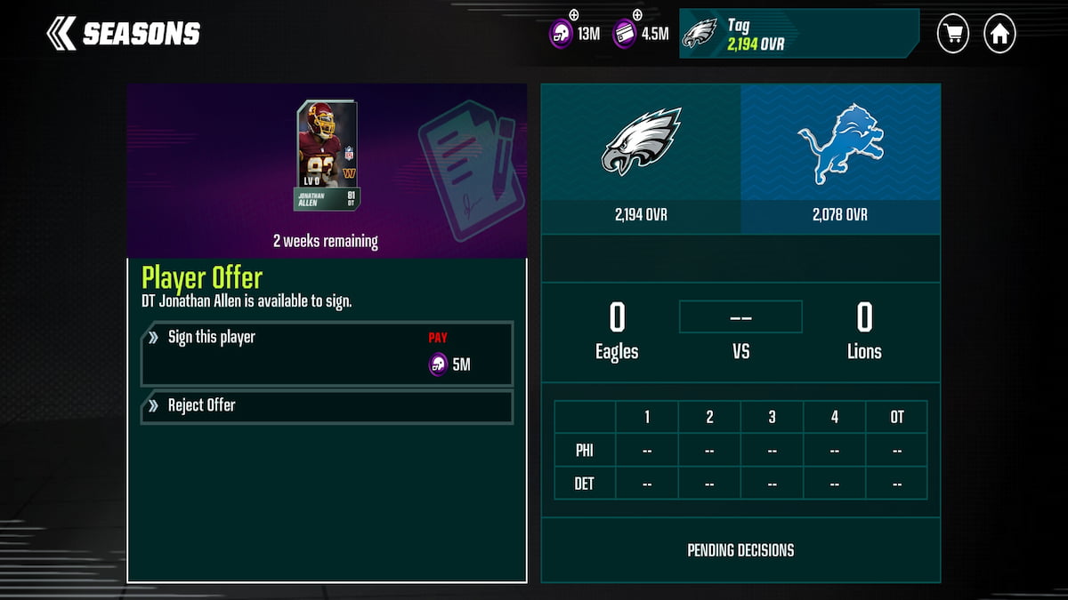 Mode saison du menu principal de Madden Mobile