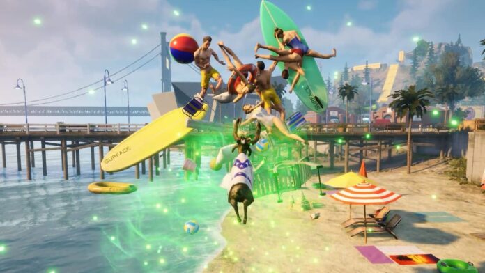 Goat creating chaos at the beach. People flying with their surfboats in Goat Simulator 3