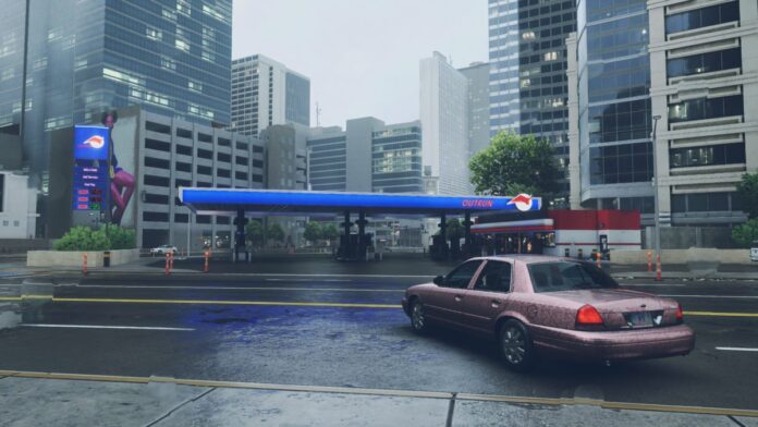 a car driving up to a gas station