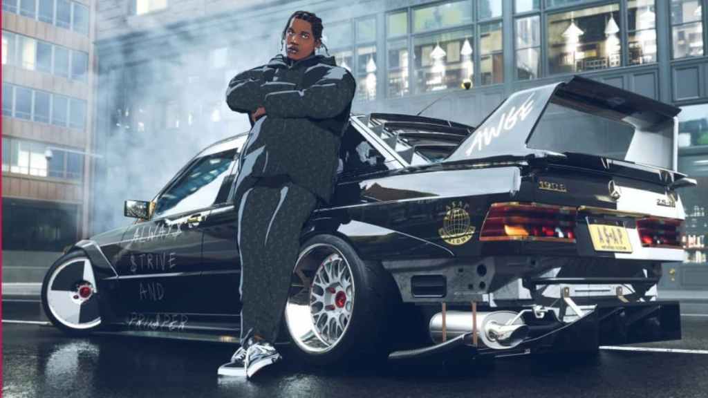 Personnage du jeu, A$AP Rocky debout devant sa voiture personnalisée.