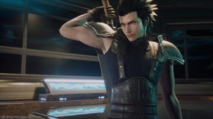 Zack Fair, a young man in a dark, tight-fitting tank top with armor shoulder guards, stands in a building lobby. He