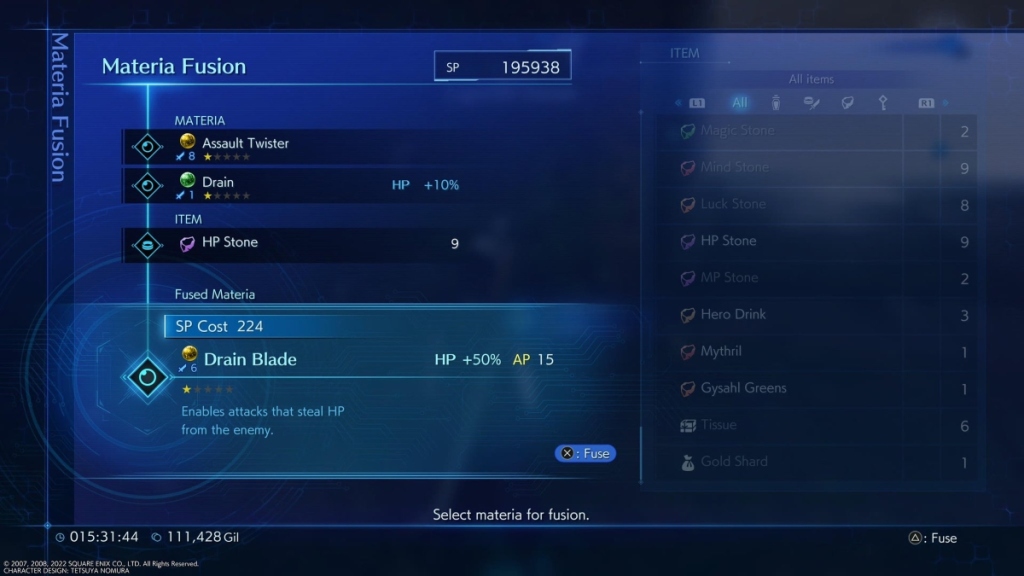 écran de menu montrant deux matériaux sur le point d'être fusionnés.  Le premier est Assault Twister et le second est Drain, avec une pierre HP dans l'emplacement de l'objet.  Le résultat sera Drain Blade avec la description 