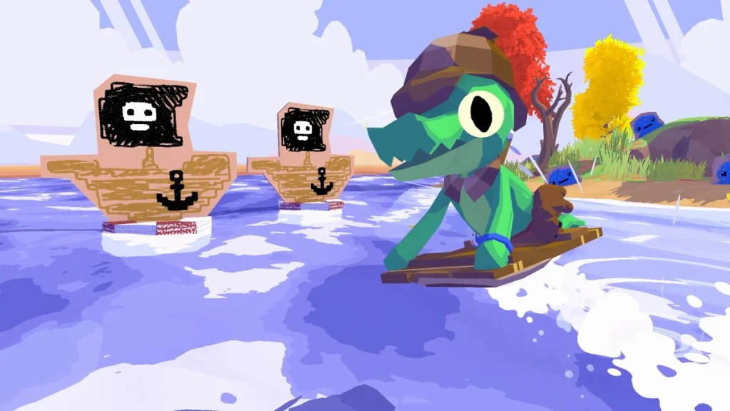 Lil Gator flottant devant des bateaux pirates en carton
