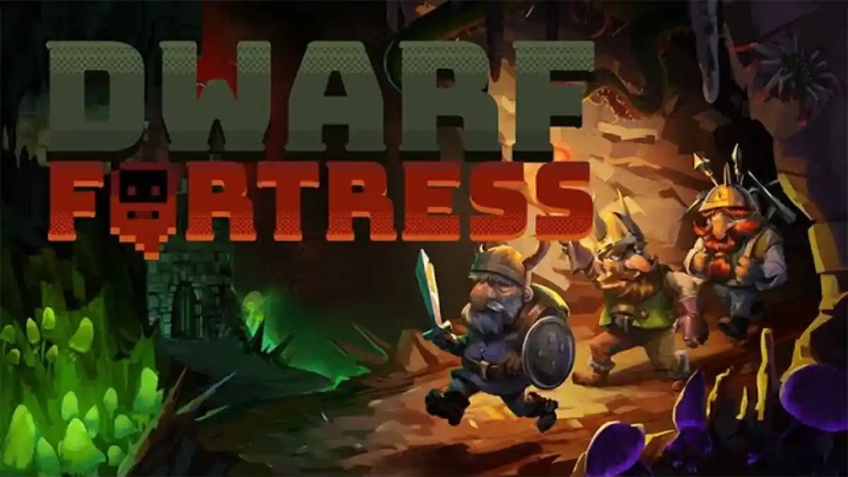 Dwarf Fortress characters running in the background of its cover image