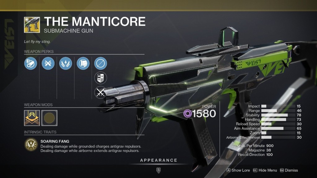 Destiny 2 comment obtenir le pistolet mitrailleur Manticore - arme dans l'inventaire. 