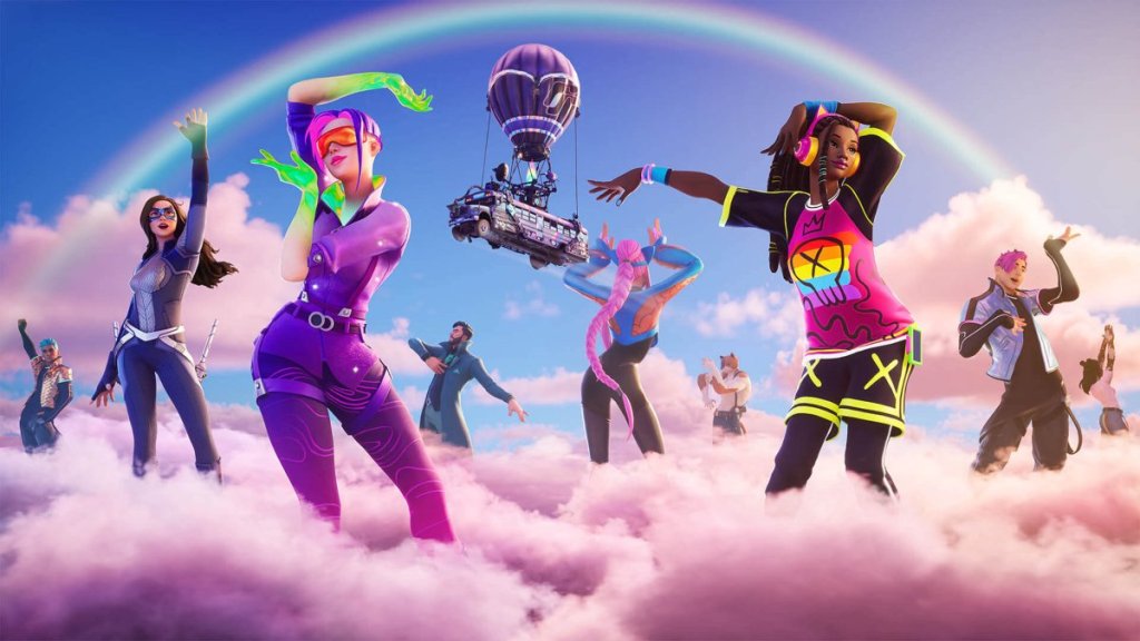Un groupe de personnages Fortnite faisant la fête sur les nuages