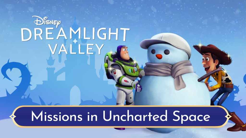 Un bonhomme de neige avec des personnages Disney dans l'image de couverture de la mise à jour Disney Dreamlight Valley Missions in Uncharted Space.