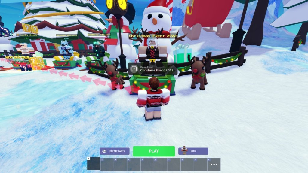 Bedwars Christmas Event 2022 zone de rassemblement avec bonhomme de neige