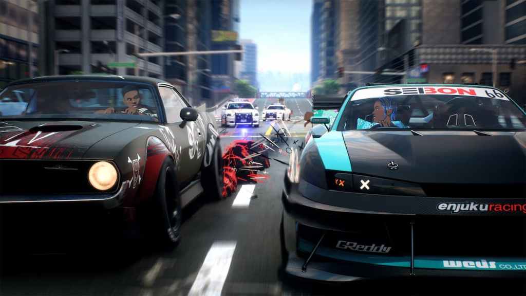 Une course automobile avec une voiture de police côte à côte dans Need For Speed ​​Unbound