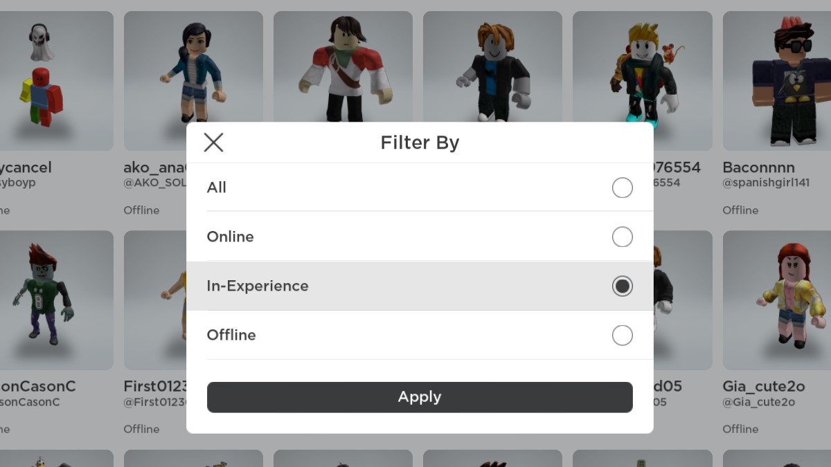 Option de filtre sur la liste d'amis Roblox