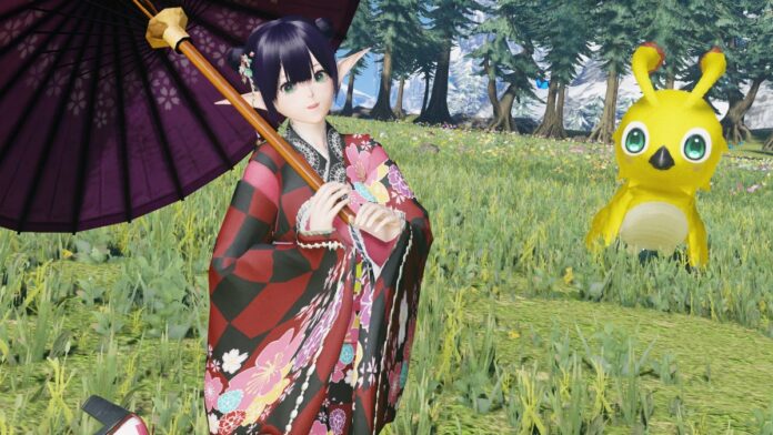 A girl wearing a kimono sitting next to an animal