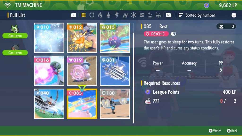 Menu de la machine Pokemon Scarlet et Violet TM