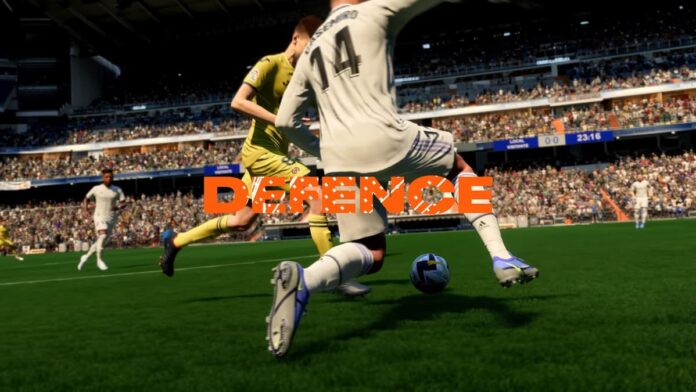 A defender closing in on a tackle in a screenshot of FIFA 23