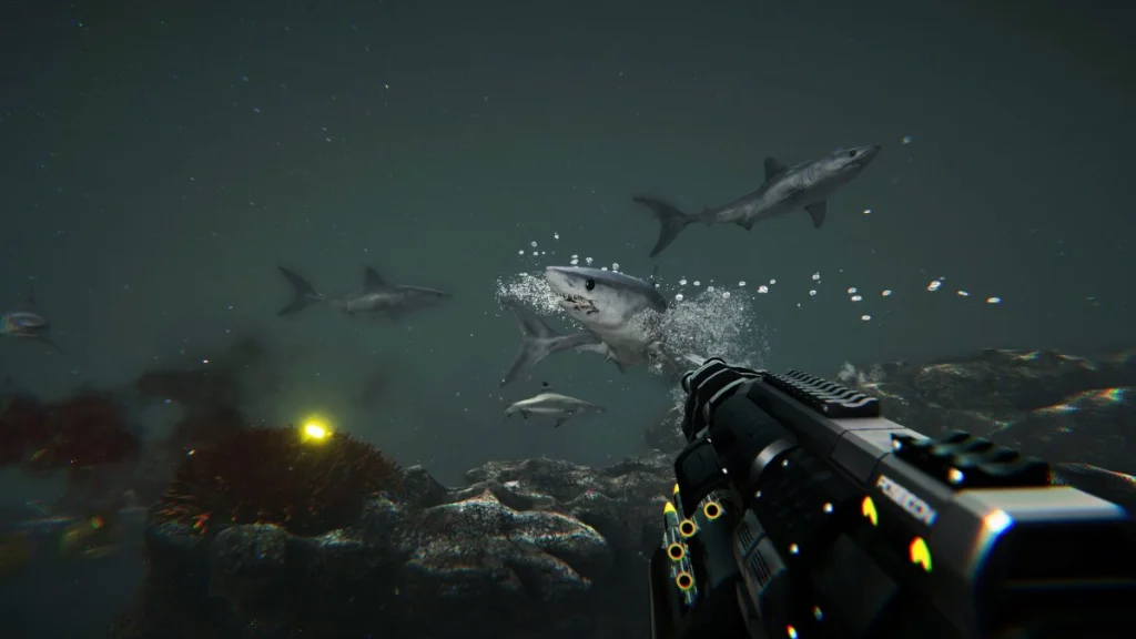 Quelqu'un qui tire sur des requins avec un fusil sous l'eau