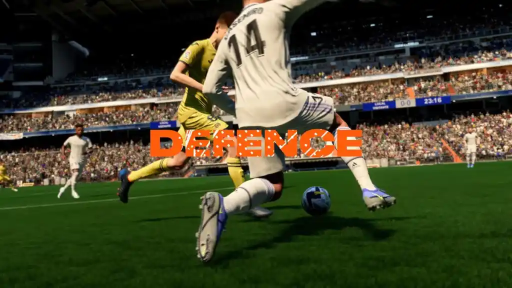 Un défenseur se rapproche d'un tacle dans une capture d'écran de FIFA 23