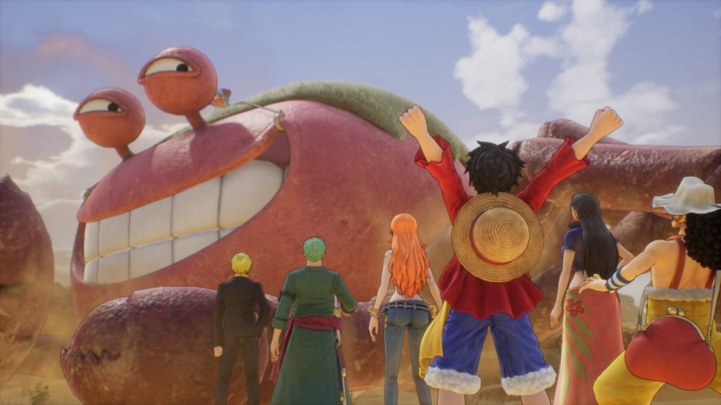 One Piece casting debout près d'un crabe géant