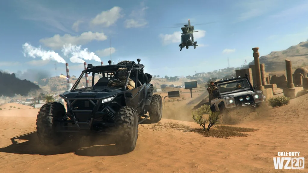 Véhicule Action Shot avec buggies, hélicoptère et jeep