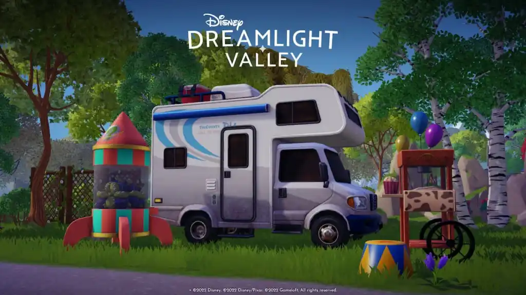 Une camionnette près de ballons et un chariot avec cupcake garé au bord d'une route à Disney Dreamlight Valley