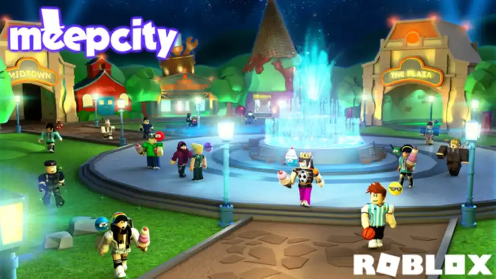 Une capture d'écran de Roblox Meepcity avec différents joueurs dans un parc avec une fontaine au milieu.