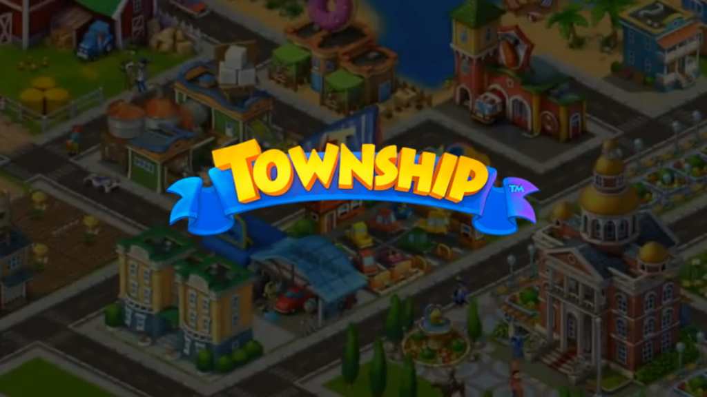 Township écrit sur un arrière-plan montrant une ville dans le jeu.