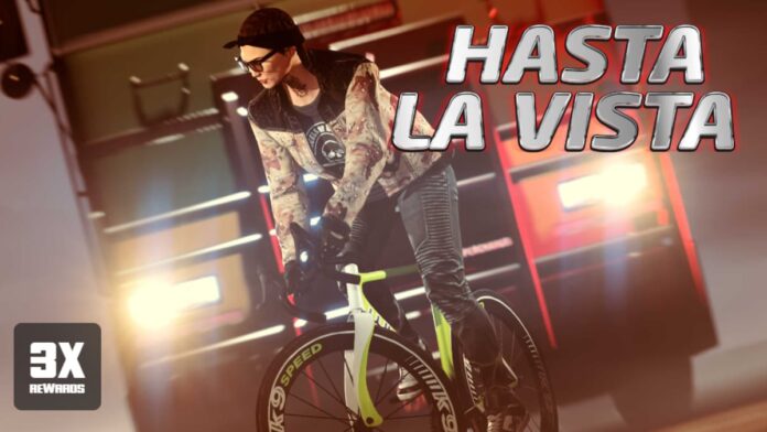 A person riding a bicycle in the Hasta La Vista event in GTA V online.