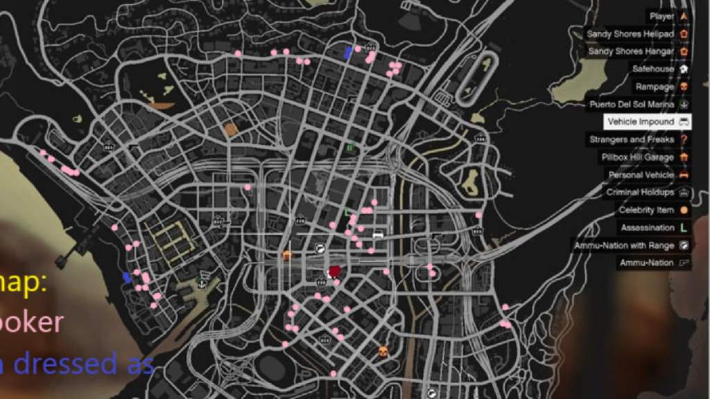 Carte GTA V marquée avec Hooker Locations.