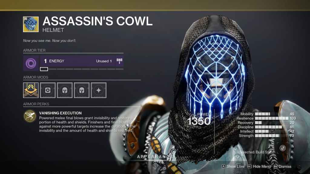 Meilleurs exotiques de chasseurs dans Destiny 2 - Assassin's Cowl. 