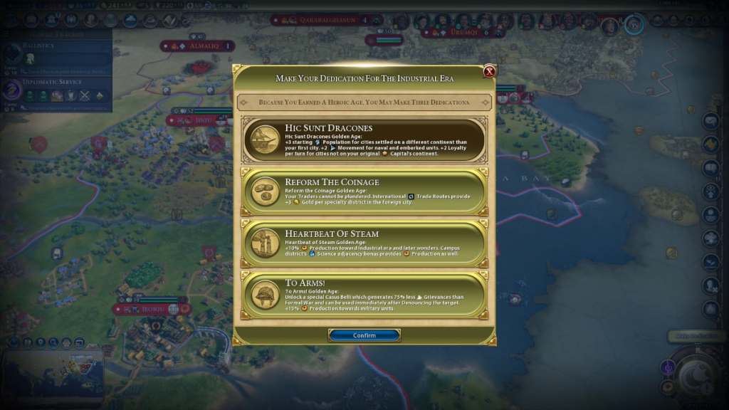 Un écran montrant le menu Heroic Age pour Civilization VI, avec trois dédicaces en surbrillance